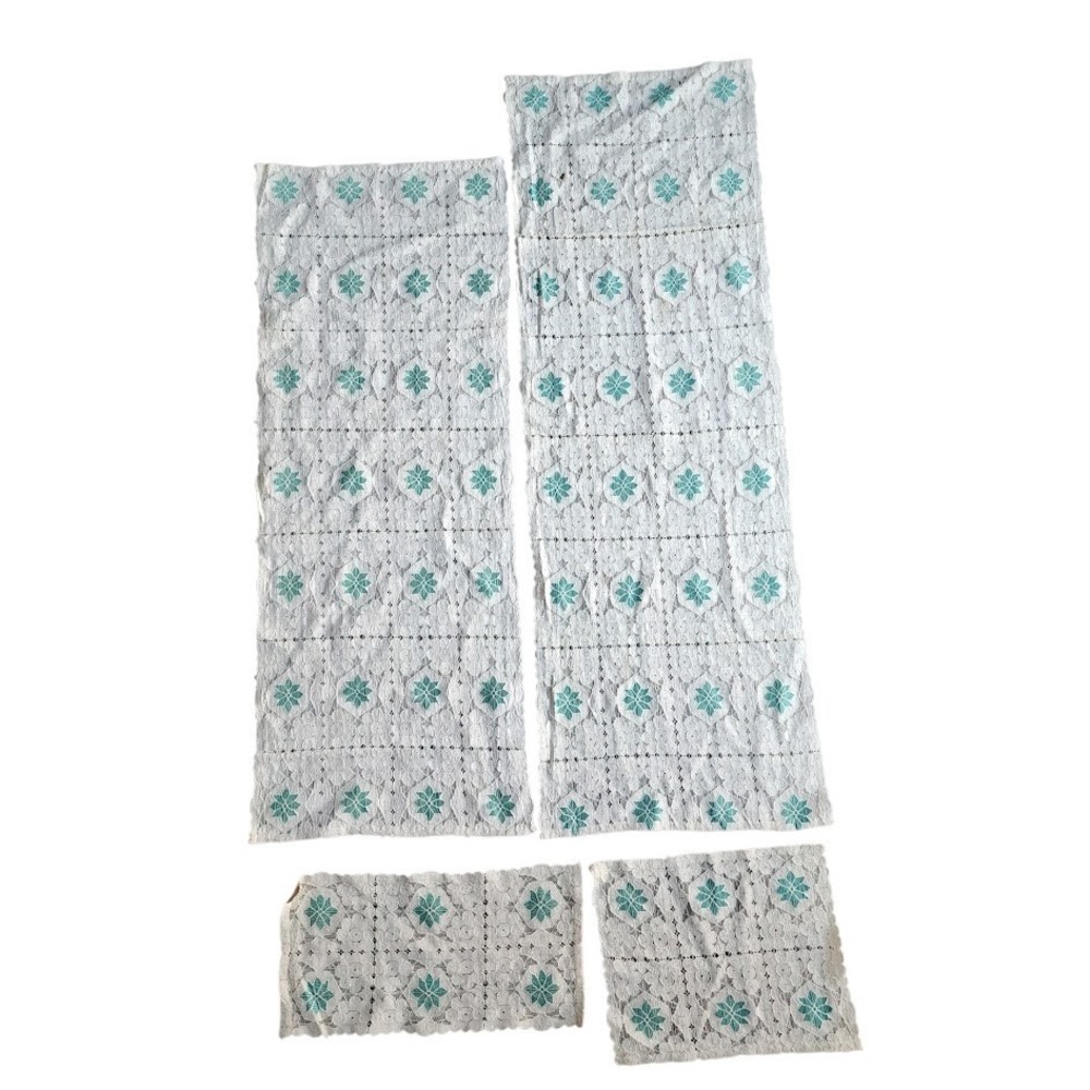 VINTAGE Lace Fabric Remnant Lot Teal Floral Medallion 4 Pieces Craft/Sewing